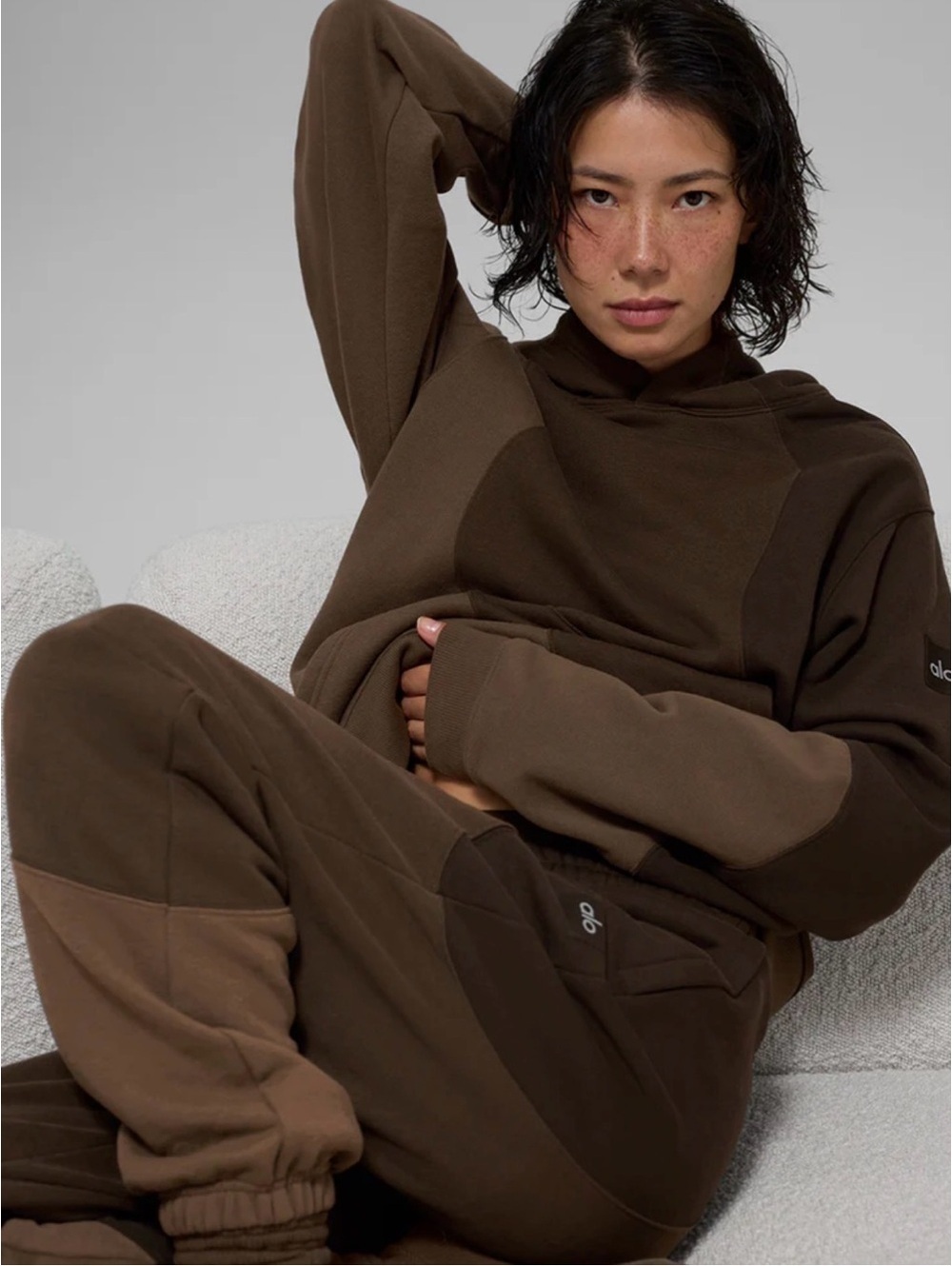 Alo Yoga Make Waves Hoodie Espresso Tonal & Solid Sweatpants Set Sz L